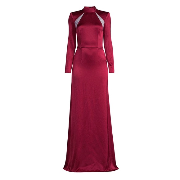 ALICE + OLIVIA Charita Satin Mesh Mock Neck Long Sleeve Gown in Bordeaux Red - Picture 2 of 7